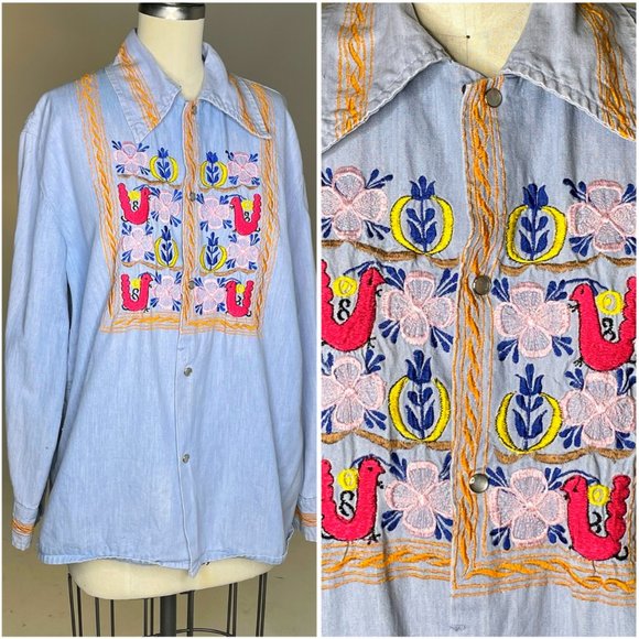 Vintage 70s La Fiesta Boho Hippie Embroidered Birds & Flowers Collared Shirt - Picture 14 of 14